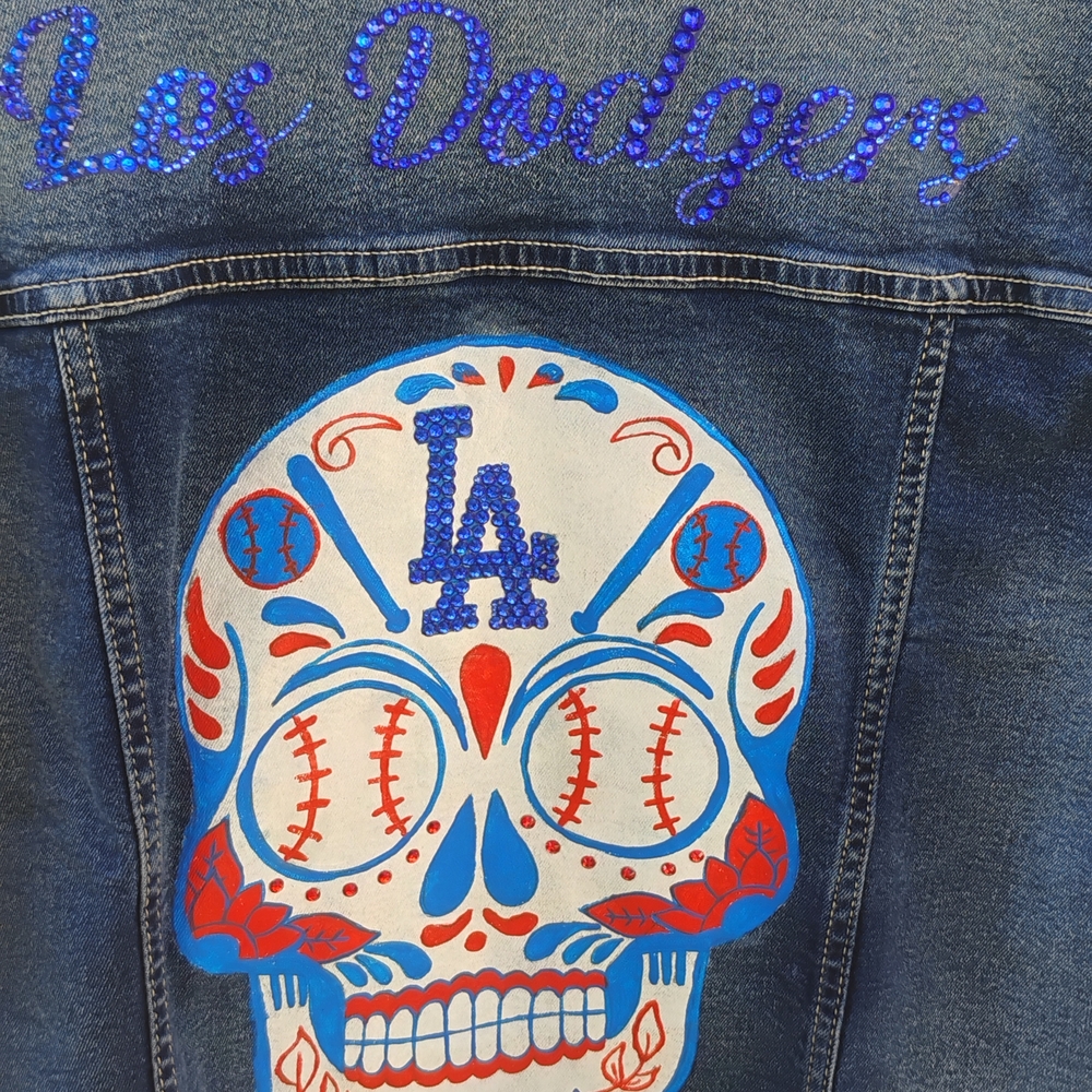 Embroidered Blue Denim Jean Jacket - Sugar Skull - Picture 3 of 10
